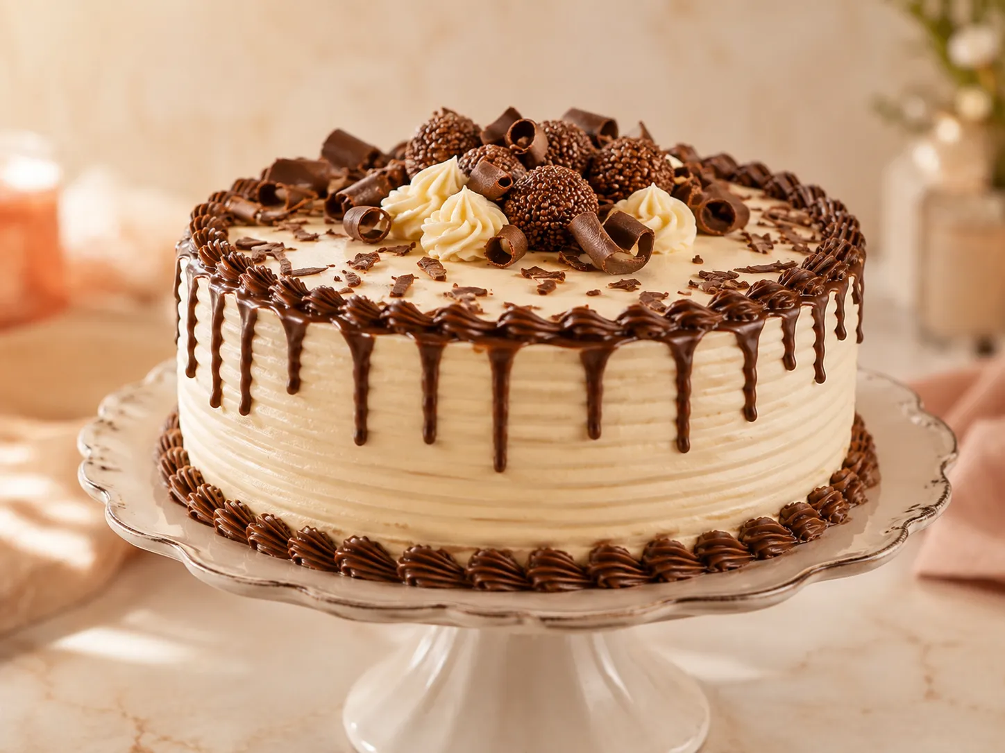 Bolo decorado com chocolate e brigadeiros