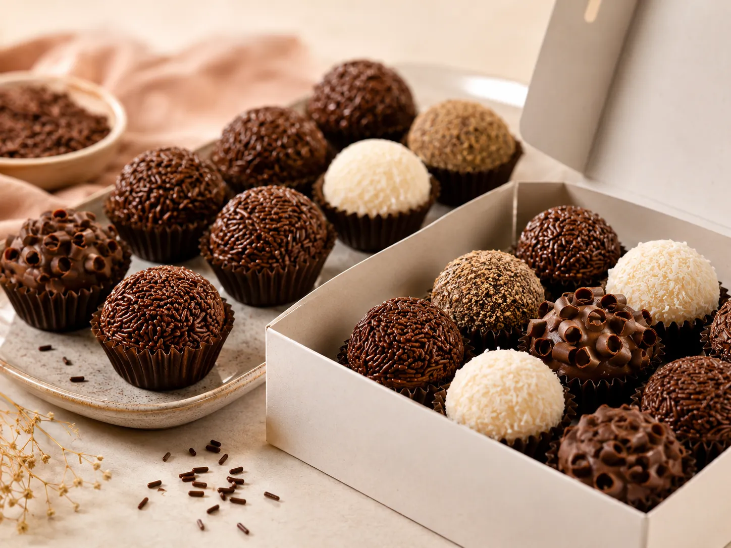 Brigadeiros e docinhos apresentados em caixa e bandeja