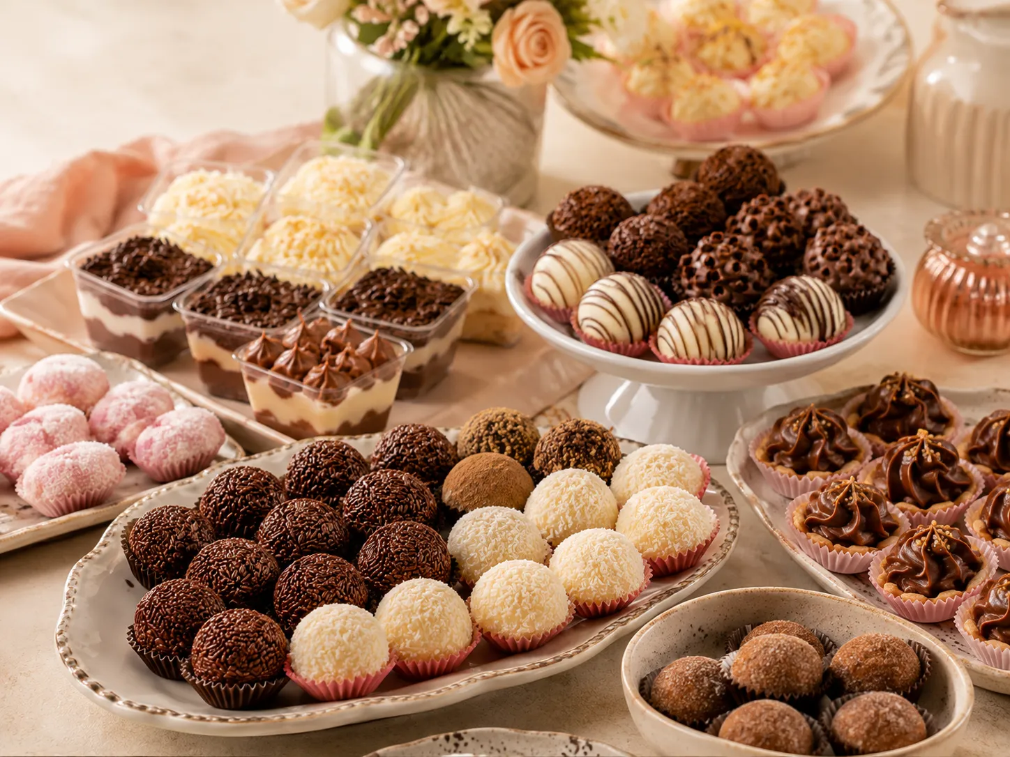 Variedade de brigadeiros e doces apresentados para comemoração