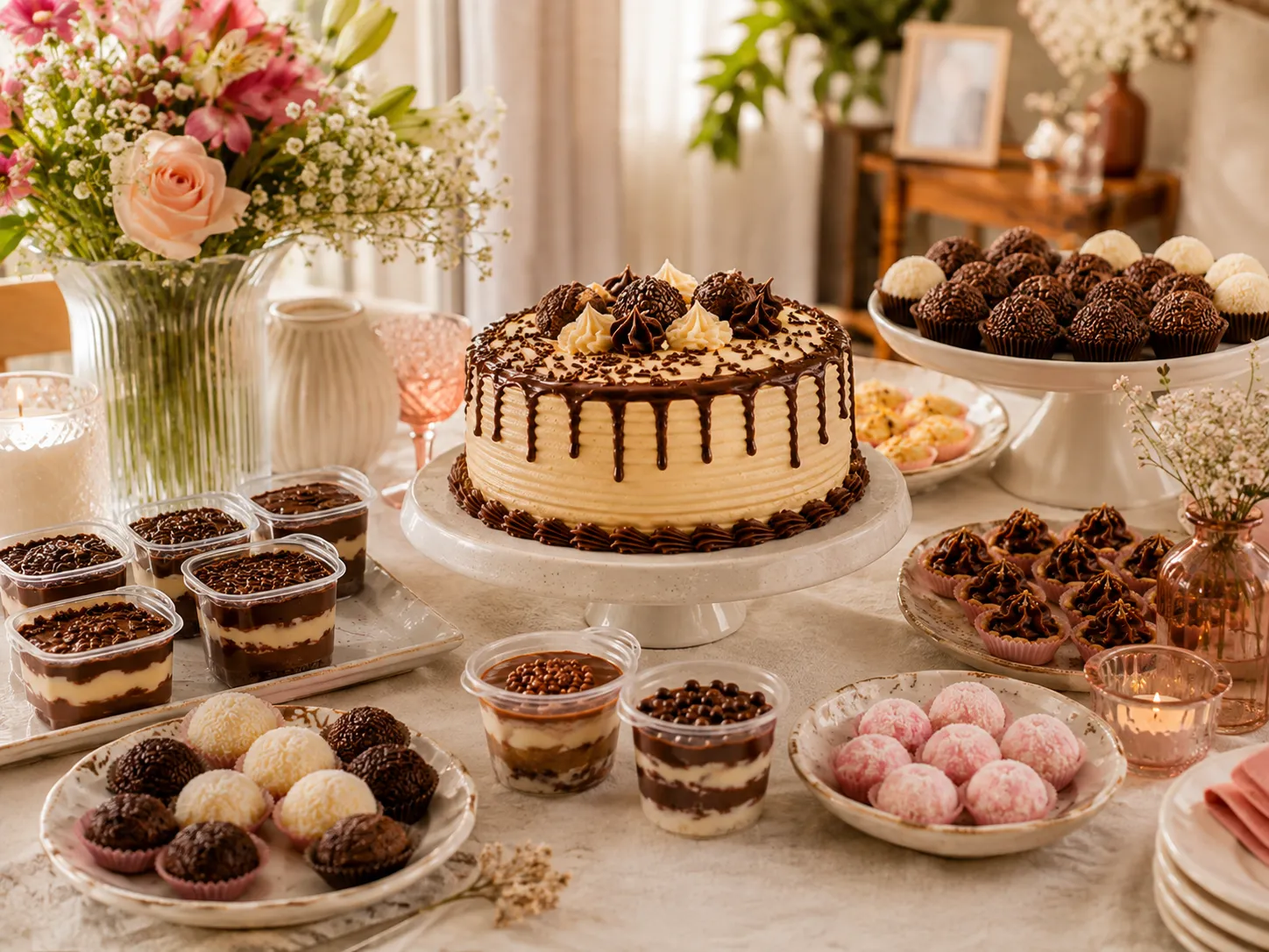 Mesa de comemoração com bolo, brigadeiros, doces e bolos no pote